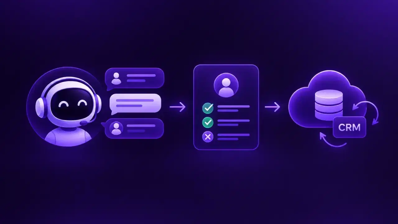 Conversational AI agent chats with a prospect, builds a lead card with qualification checks, and syncs it to a cloud CRM.