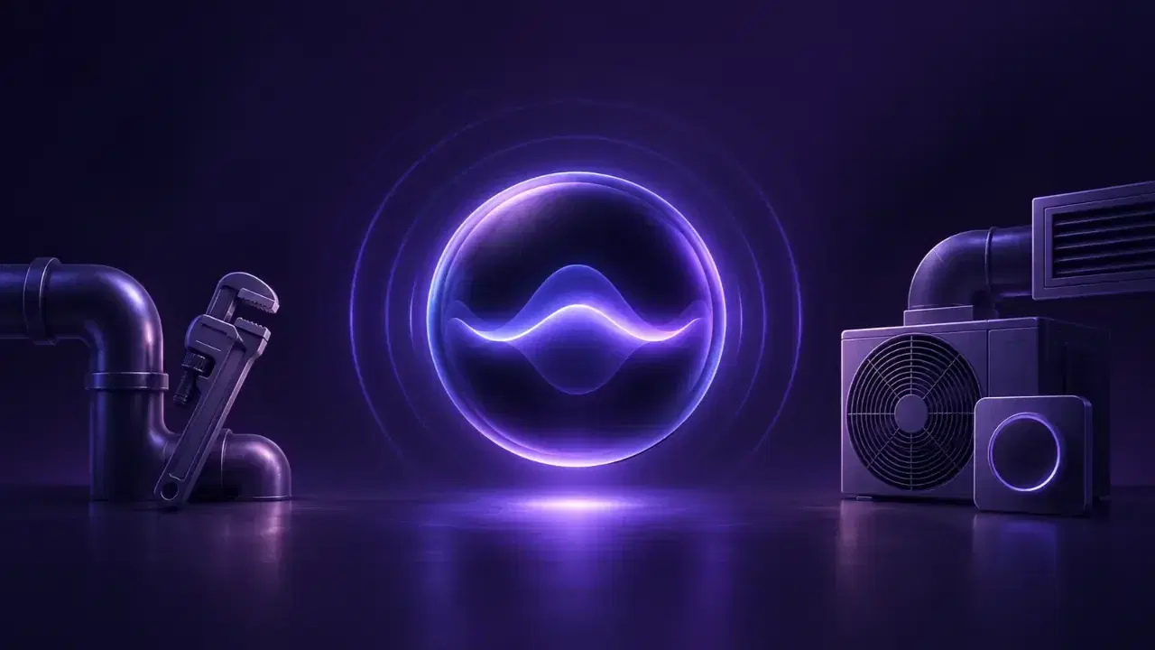 AI voice agent for plumbing and HVAC services, glowing purple AI voice assistant surrounded by plumbing tools, pipes, and HVAC equipment.