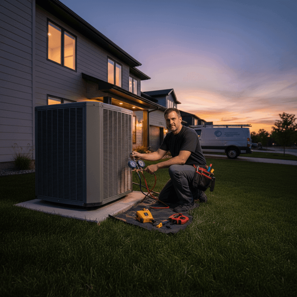 HVAC technician servicing outdoor AC unit at sunset