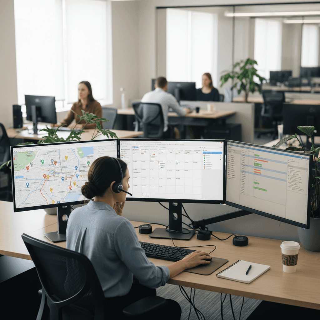 HVAC office dispatch team managing calls across multiple monitors